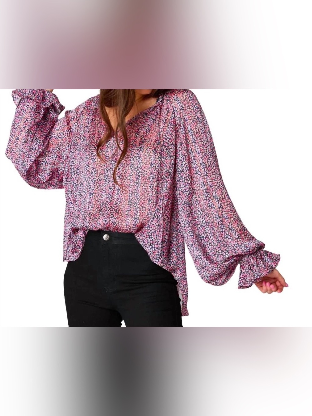 Buddy Love Women's Pink Floral Long-Sleeve Blouse with Metallic Accents